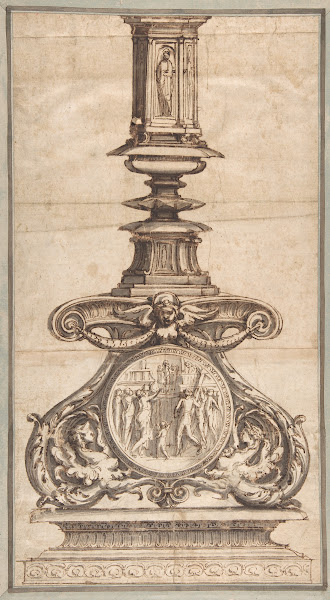 Design of a Candlestick with Winged Figures at Base Surrounding Scenic Medallion