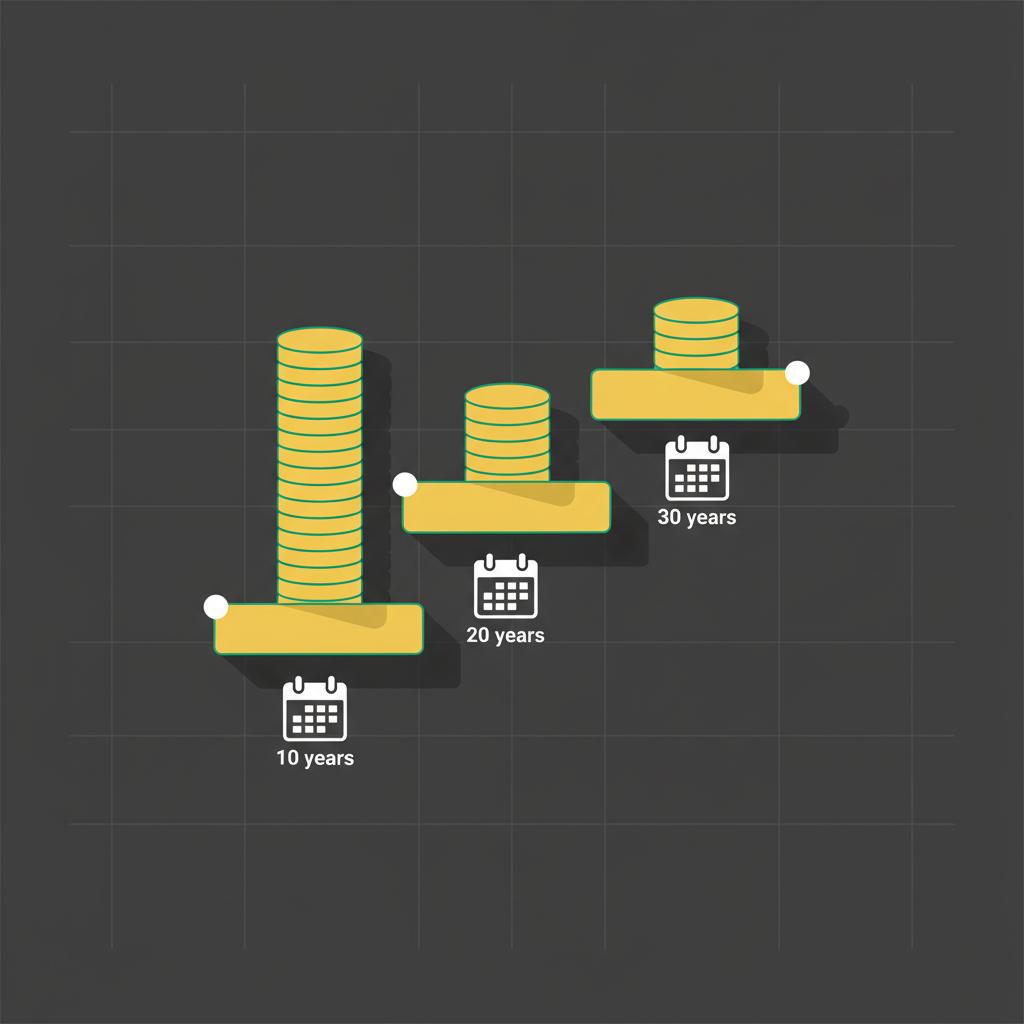Minimal vector ladder with three coin stacks decreasing left to right representing lower monthly savings for longer timelines 10 year 20 year 30 year comparison visualizing passive income planning