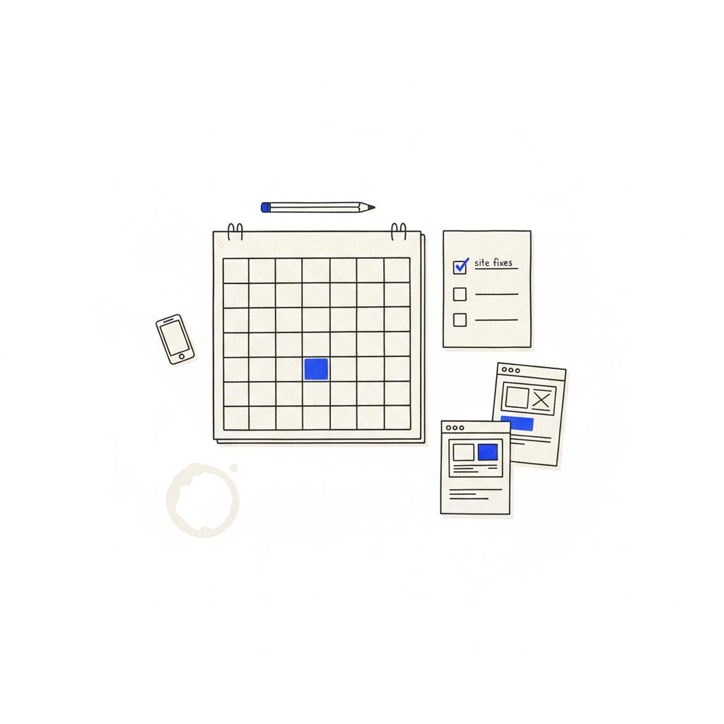 Minimalist vector top-down desk with sketched calendar, checkbox checklist, webpage thumbnails and call icons on white background &mdash; visual for best advertising for lawyers