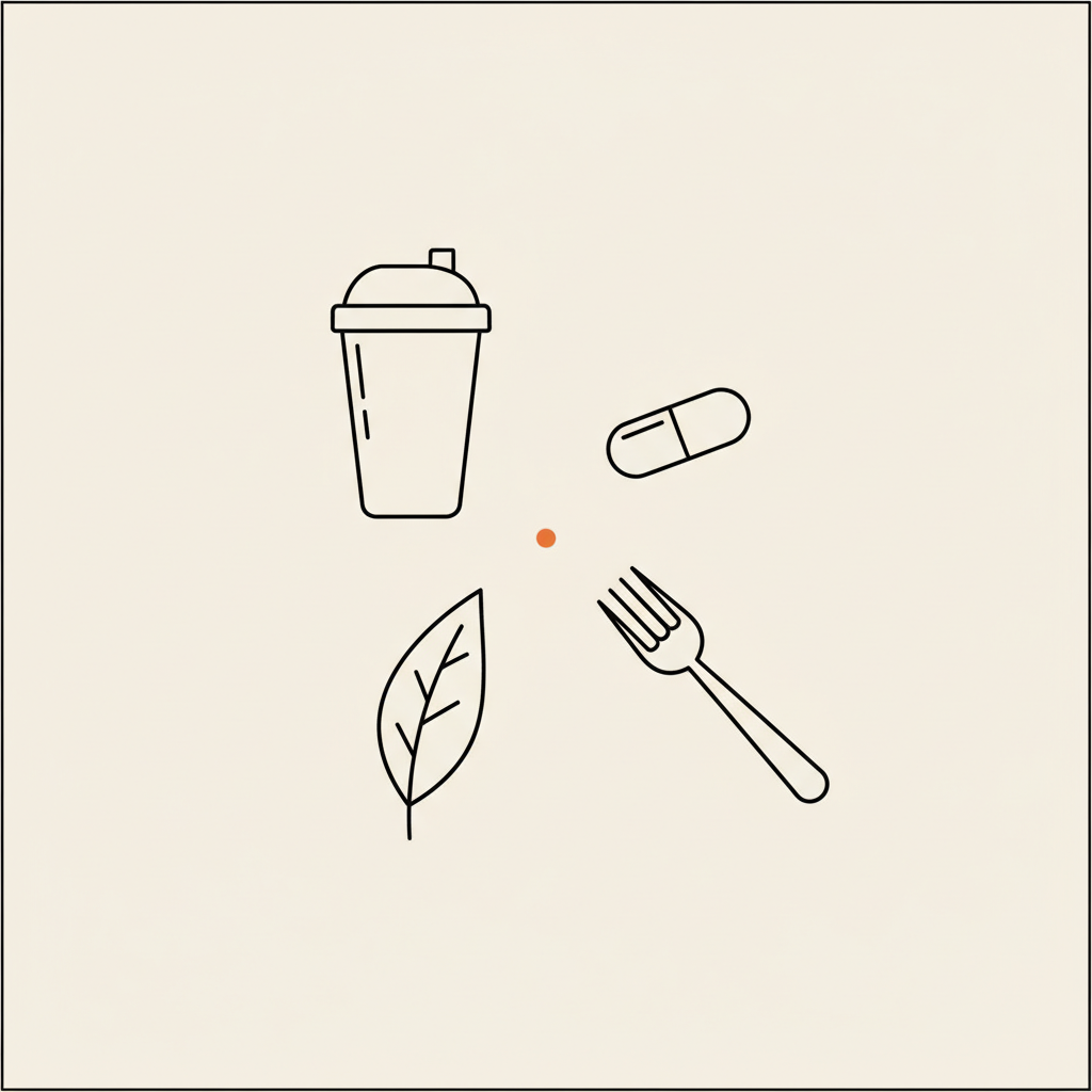 Minimal Tonum-style line illustration of a protein shake glass, capsule, leaf and fork arranged in a circle on beige background, protein shakes for weight loss