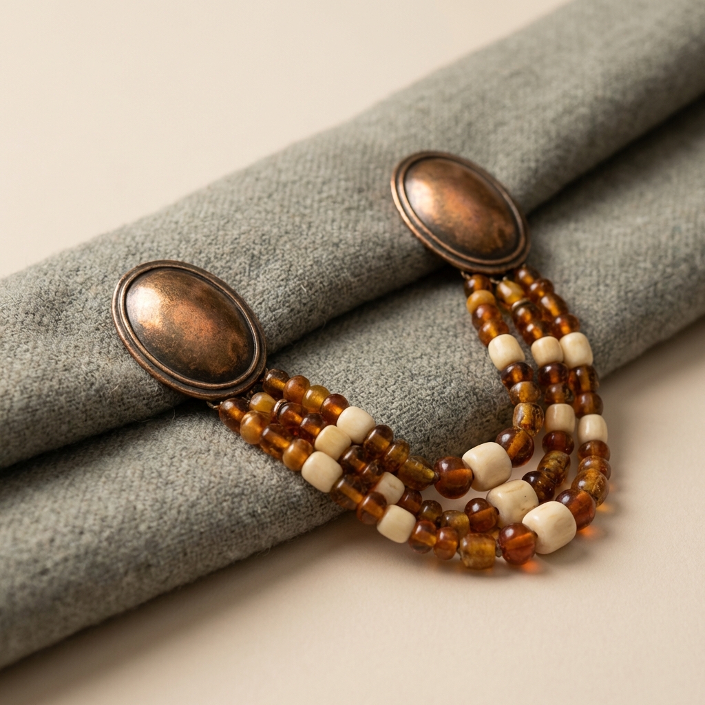 Close full frame photograph of two oval brooch reproductions linked by bead strands draped over a folded wool kirtle sample minimal neutral background ancient viking wedding rings