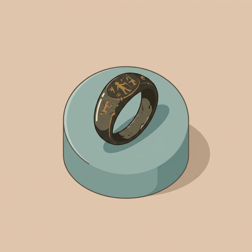 Minimalist 2D vector of an ancient signet ring tilted to reveal intaglio wear and interior hallmarks on a beige background ede7da with muted dark metal and ae8339 accents