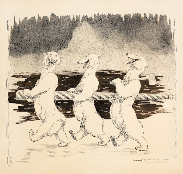 Three polar bears who have stolen the sign for the North Pole 1906