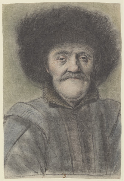 Homme moustachu portant un bonnet bordé de fourrure vu de face