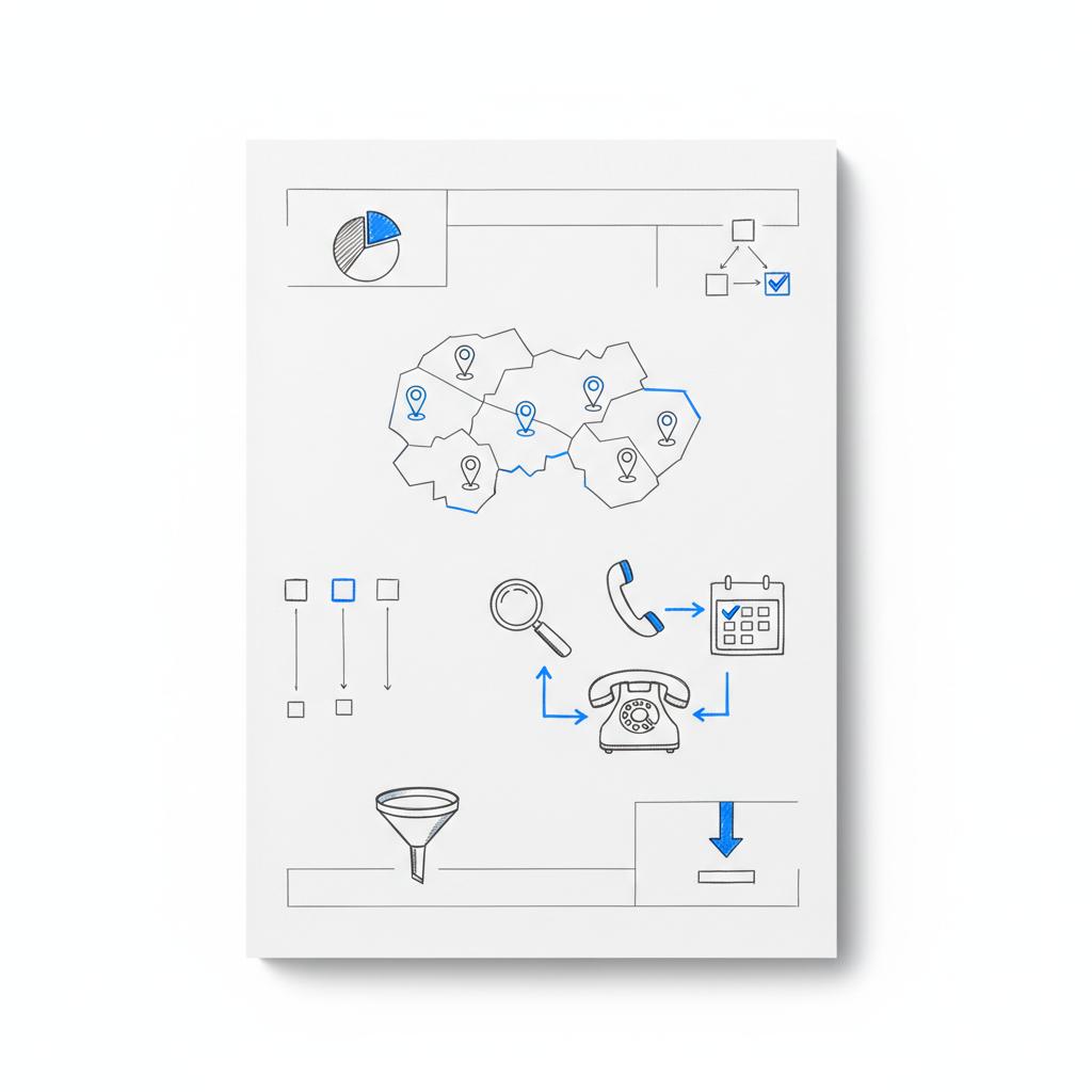 Flat-lay planning sheet with regional map, pins, search-to-call-to-appointment arrows and call/calendar icons illustrating Google LSA pricing local-ad flow