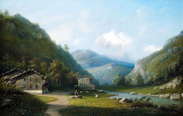 Flusslandschaft im Gebirge mit Blick auf das Mont Blanc Massiv