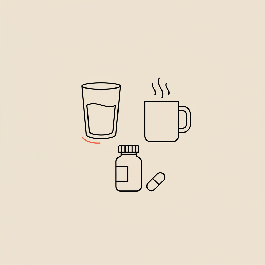 Minimalist line illustration of a water glass, steaming mug, and capsule bottle on beige background — what should I drink to lose weight