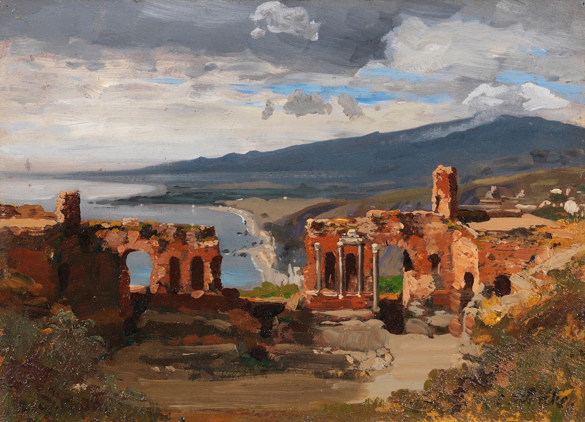 Blick vom antiken Theater in Taormina auf den Ätna 1883