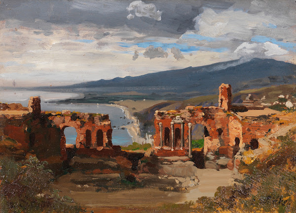 Blick vom antiken Theater in Taormina auf den Ätna 1883
