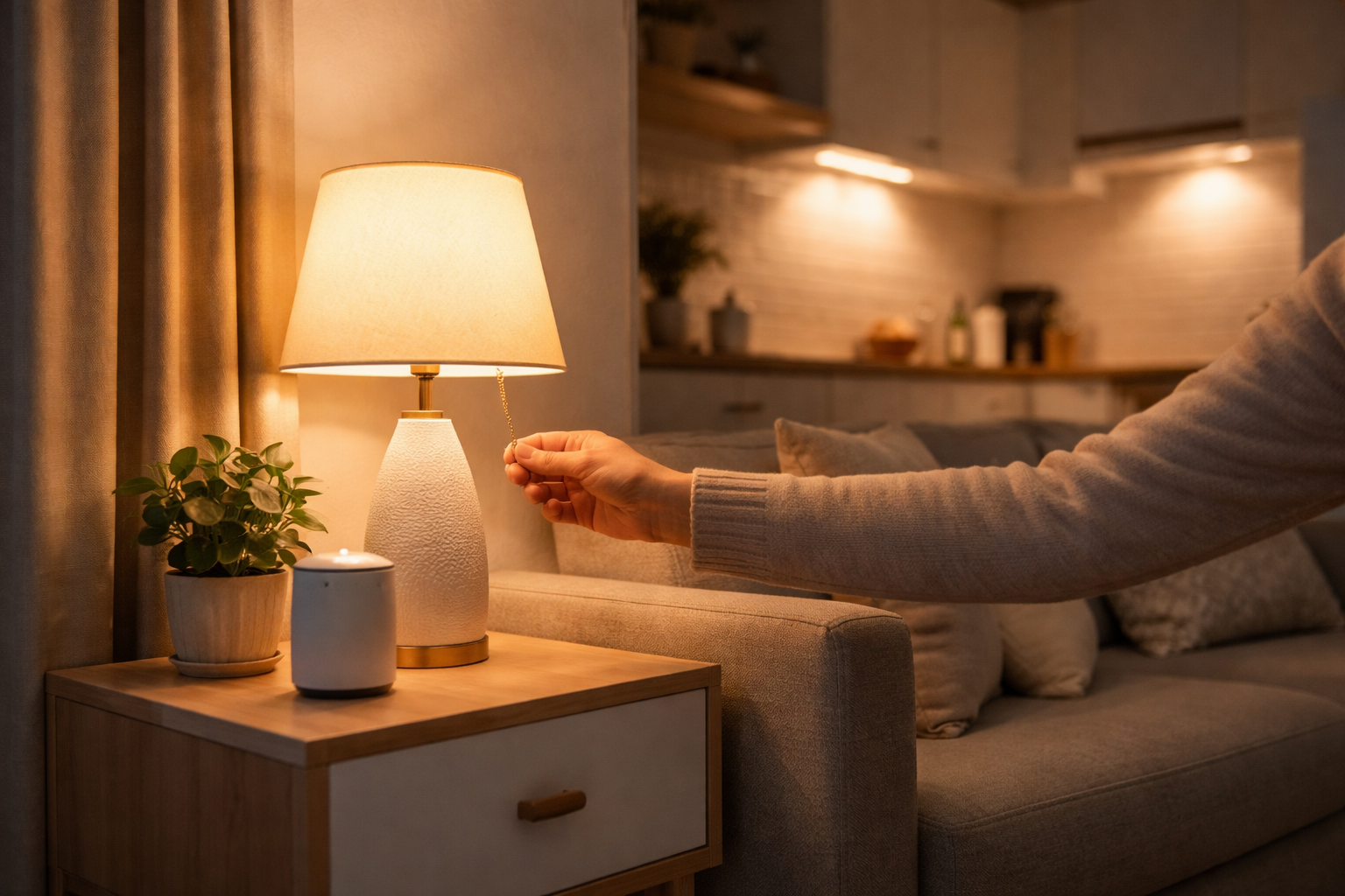 A person uses the pull-chain switch on a table lamp while a smart speaker sits nearby.