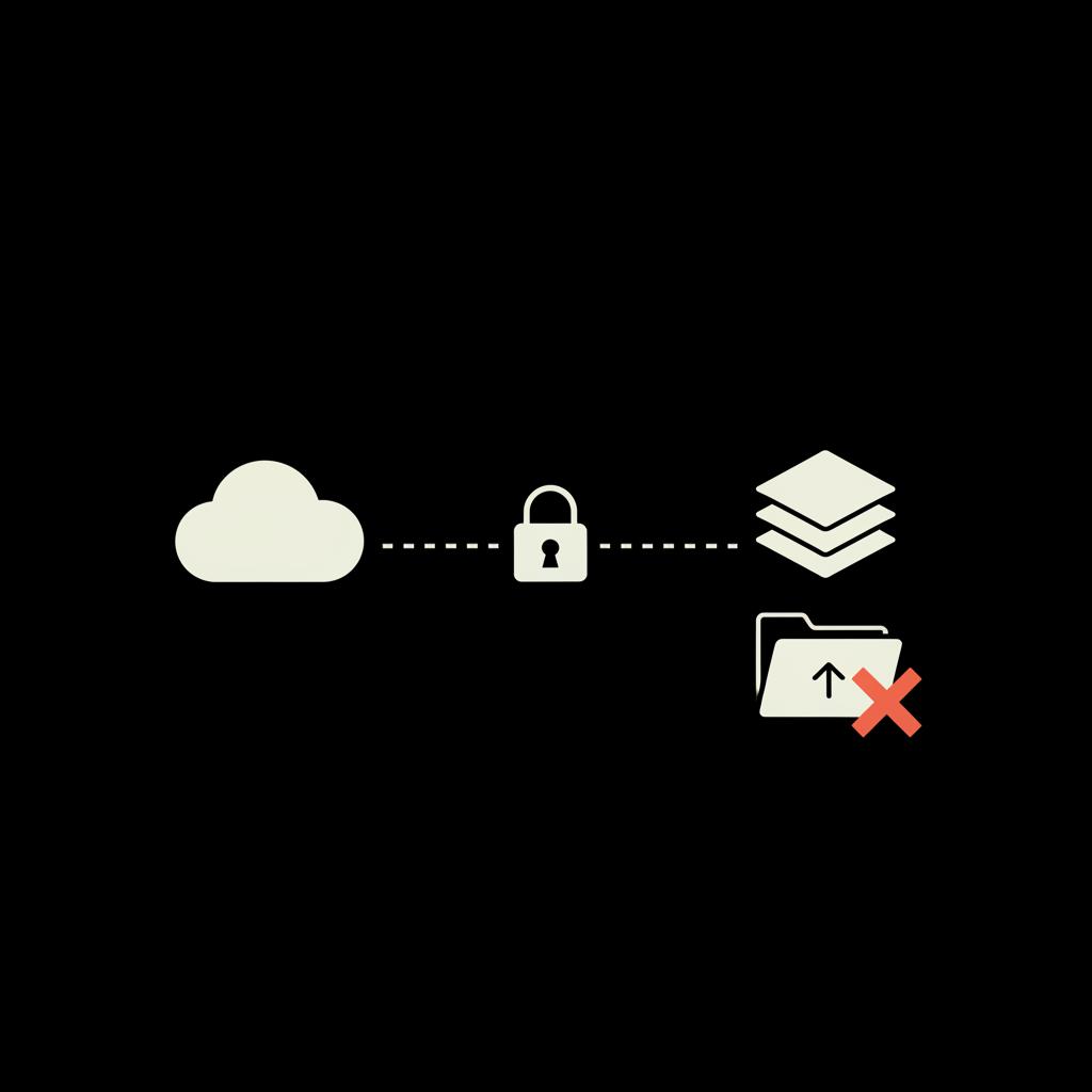 Minimal vector infographic of two generic clouds, a central padlock and a crossed-out folder icon illustrating manually restore WhatsApp backup disabled.