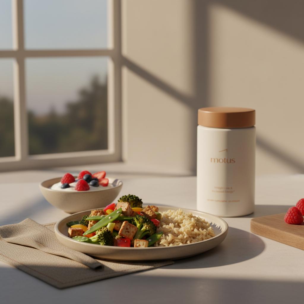 Tonum Motus container subtly placed beside a tofu stir-fry, brown rice and Greek yogurt with berries on a minimalist dusk-lit kitchen counter — natural appetite suppressant.