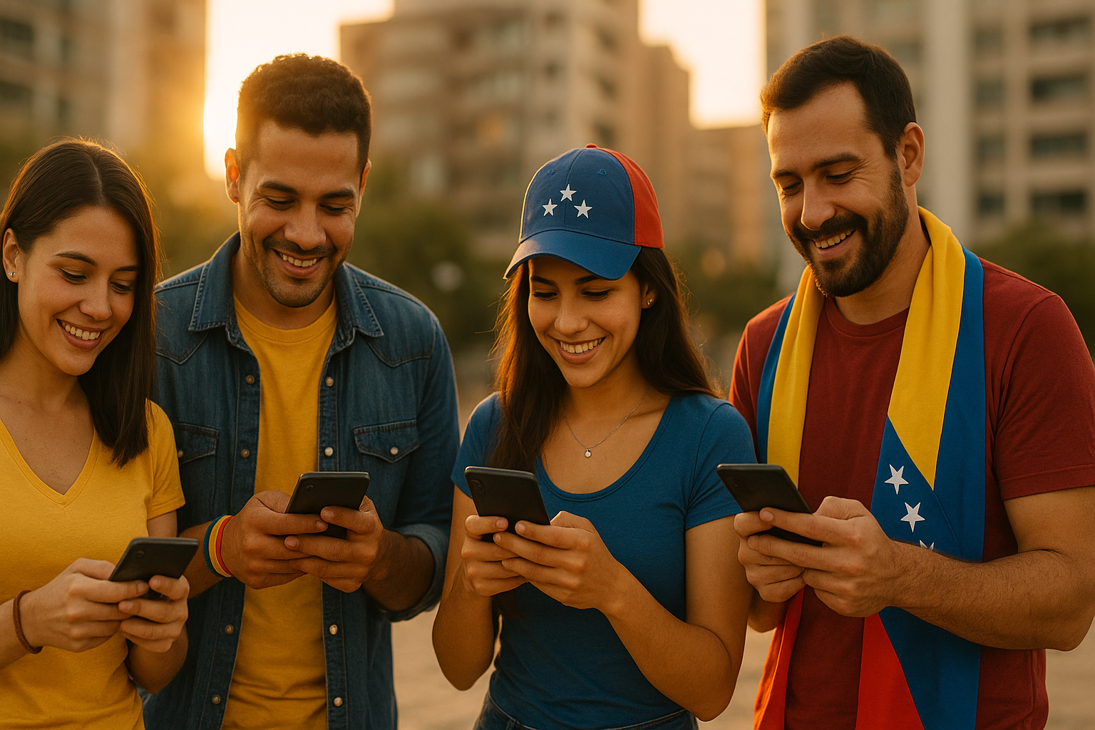 Venezolanos en el exterior reunidos en una plaza, mirando sus teléfonos y coordinando trabajo por WhatsApp