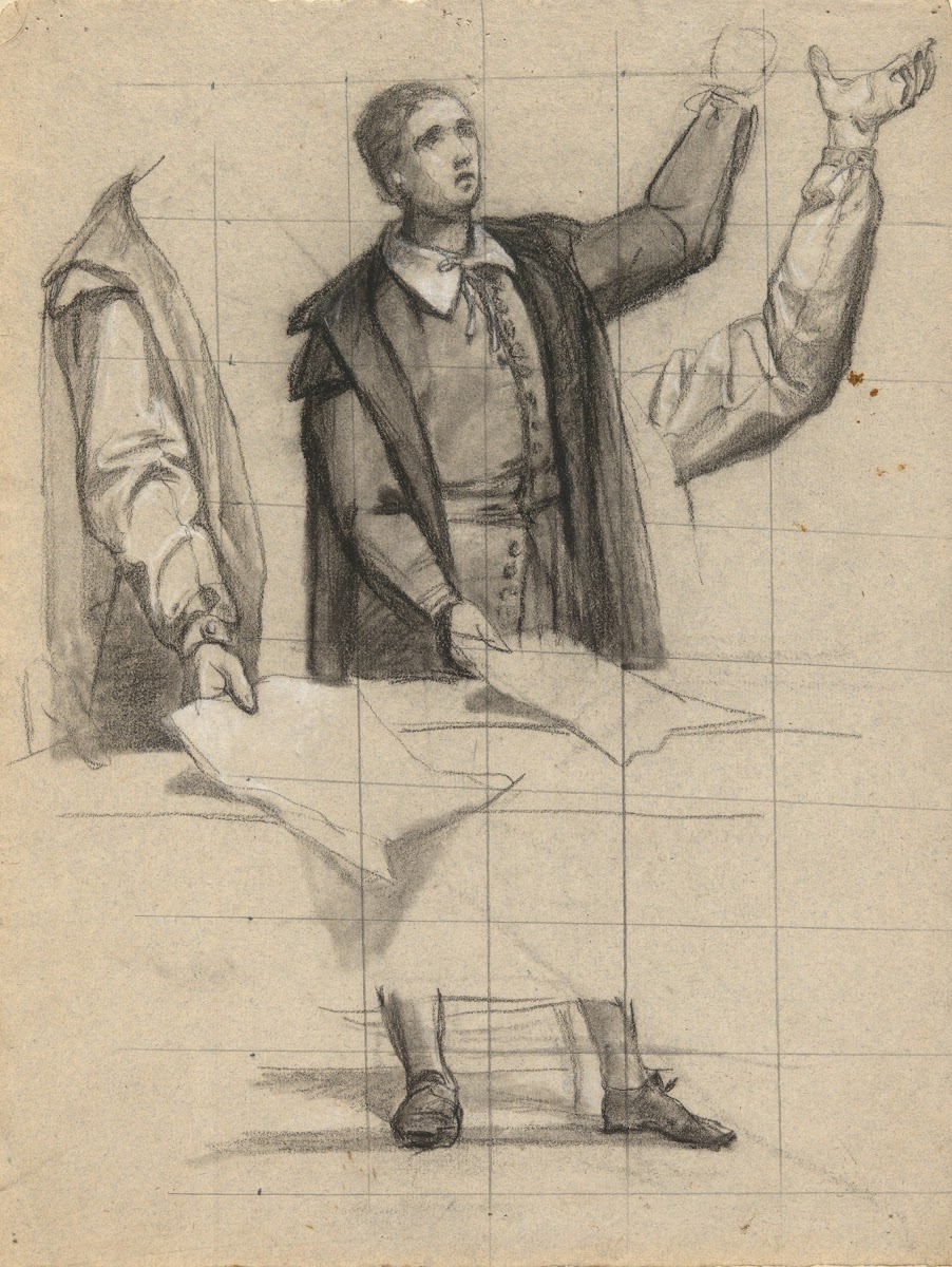 Man preaching sketch for Signing of the Compact in the Cabin of theMayflower