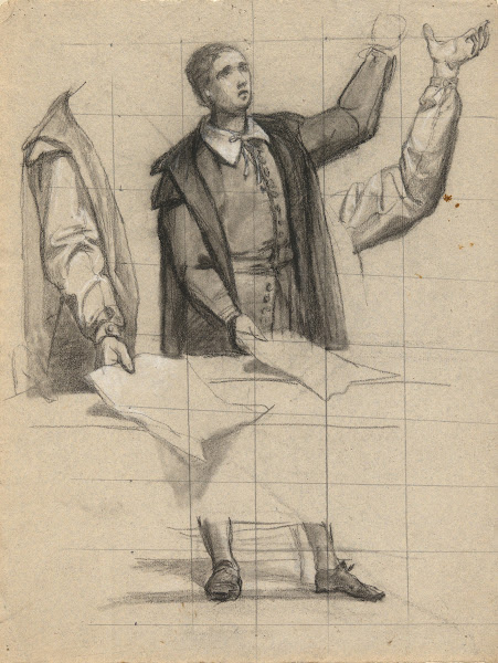 Man preaching sketch for Signing of the Compact in the Cabin of theMayflower