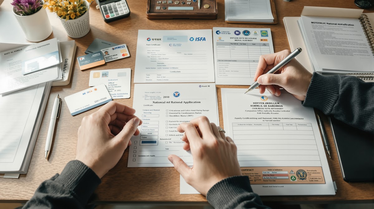 국가유공자 서류 준비  국가유공자 서류 준비를 위해 다양한 신분증, 통장 사본, 상이등급 확인서, 가족관계증명서 등 필수 서류를 꼼꼼히 확인하고 정리하는 실제 책상 위 풍경과 체크리스트를 활용하는 모습