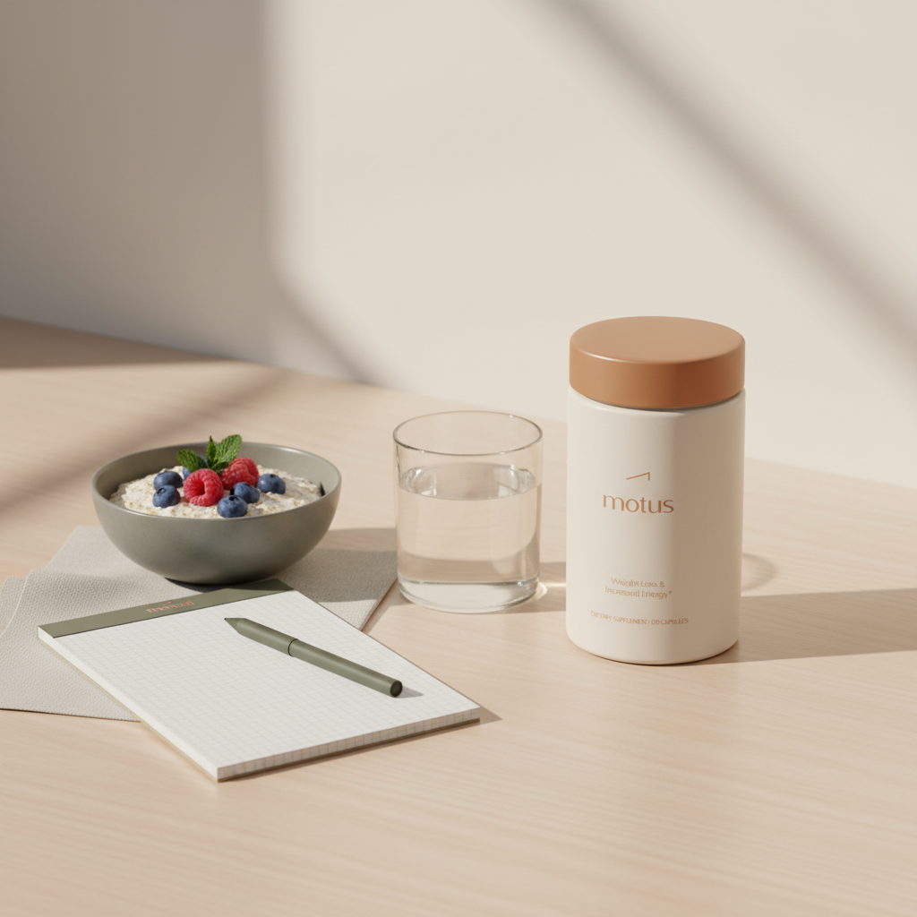 Minimalist still-life of a Motus supplement jar on a wooden table with a glass of water, bowl of oats with berries and an accent napkin; Is it safe to take fiber pills every day?