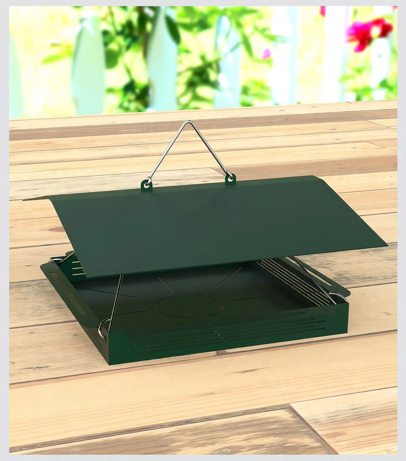 Hanging bird feeder with tray