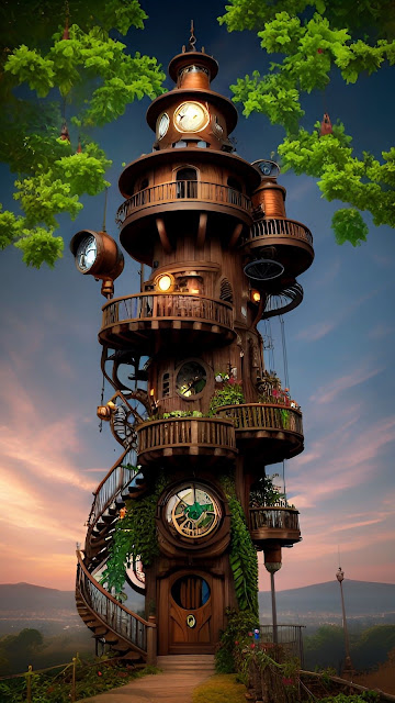 Intricate Steampunk Clock Tower Treehouse at Sunset - Free mobile Wallpaper