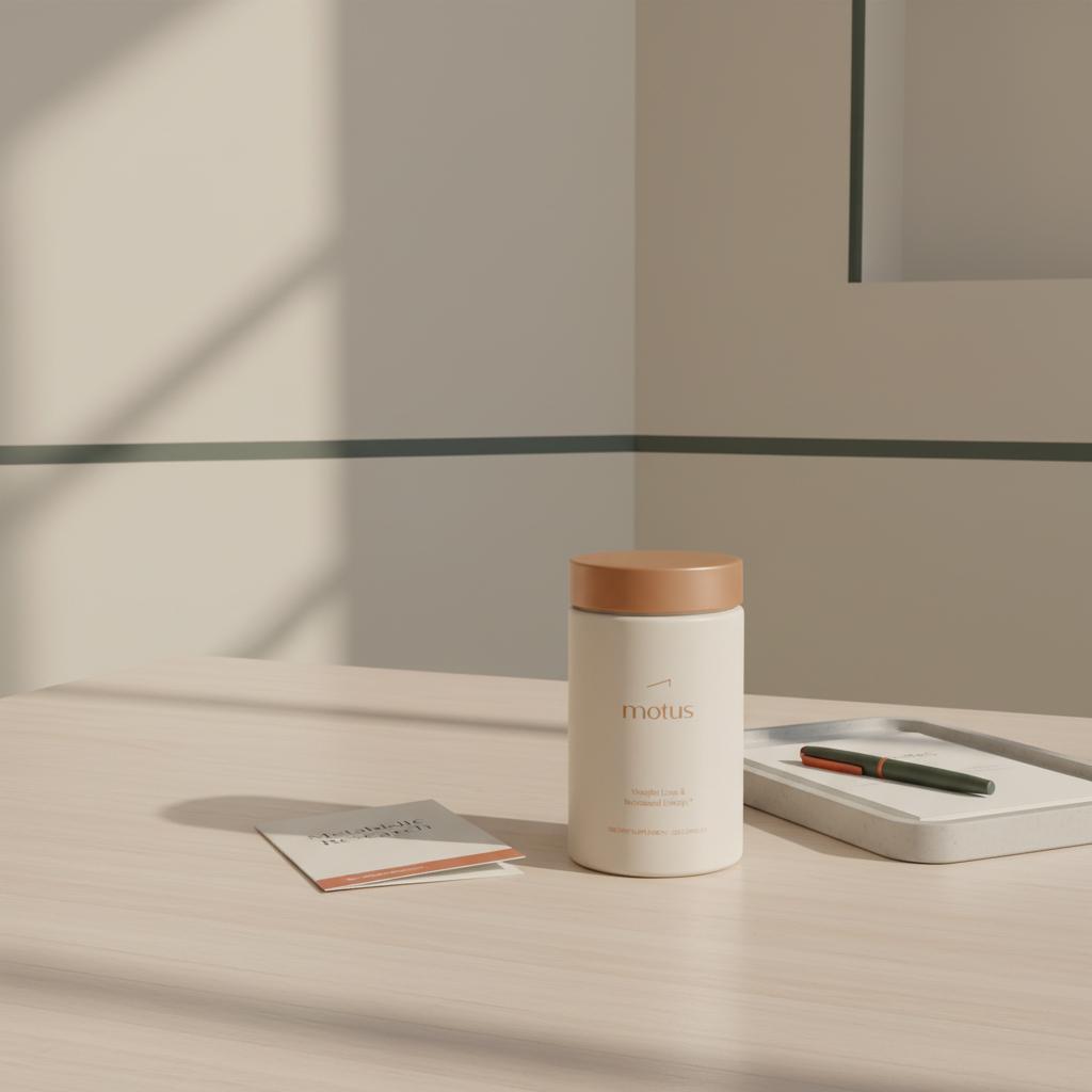 Motus supplement bottle from Tonum on a tidy clinic desk beside a 'Metabolic Research' pamphlet on a beige background — is berberine as good as ozempic?