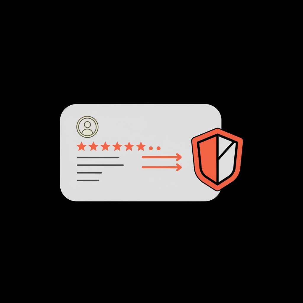 Minimal 2D vector infographic of an abstract Google Business Profile mock with arrows pointing to review icons and a protective shield in Social Success Hub colors to remove Google review