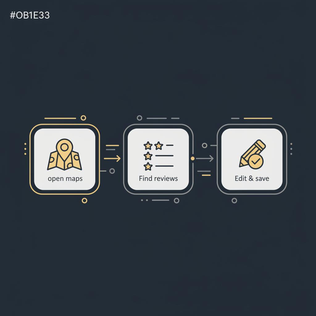 Minimal 2D vector infographic showing three-step flow (open maps, find reviews, edit &amp; save) on dark blue background &mdash; edit Google review