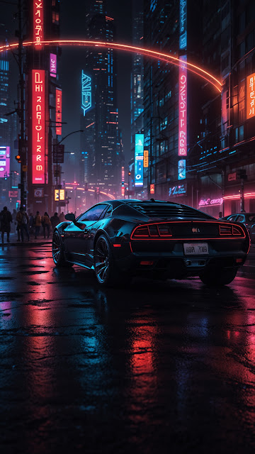 Sleek Sports Car in Neon Cyberpunk City - Free mobile Wallpaper
