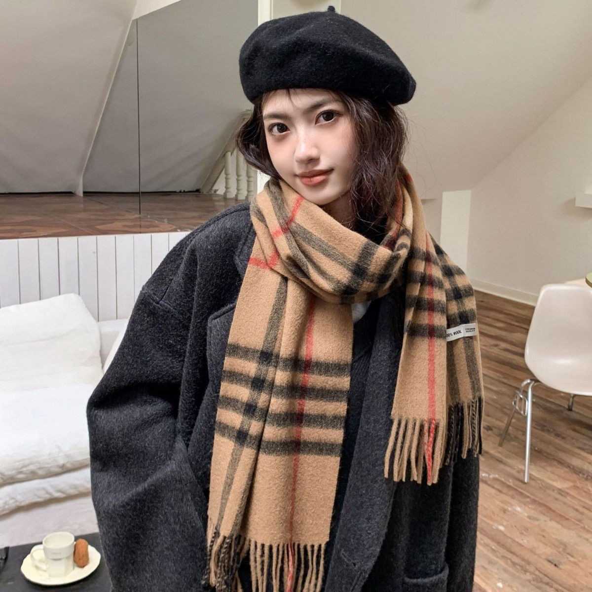 Wool Scarf, checked, 180x30cm
