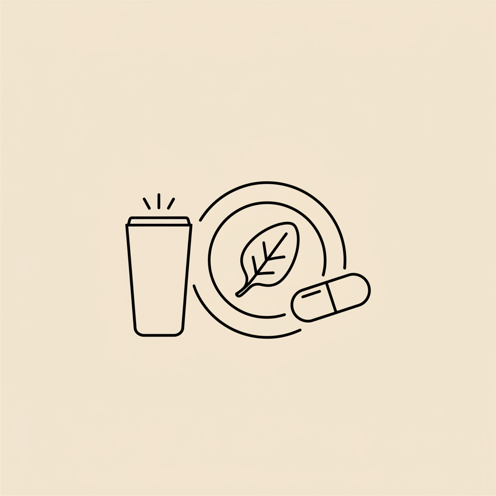 Minimal Tonum-style line illustration of a plate with a spinach leaf, a capsule outline and a glass indicating a shake on beige background — three protein shakes a day