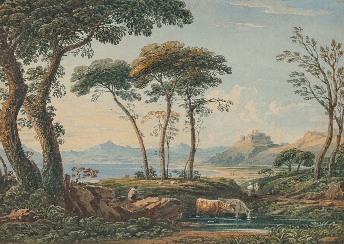 A distant view of Harlech Castle and Snowdon beyond North Wales 1825
