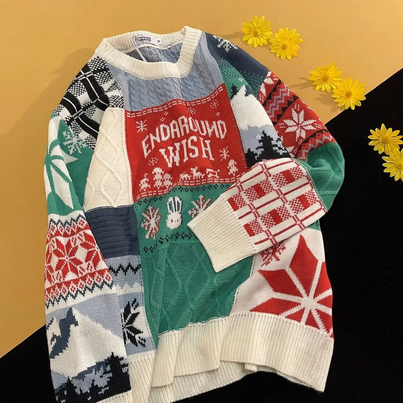 Retro knit sweater with cable pattern and bunny application