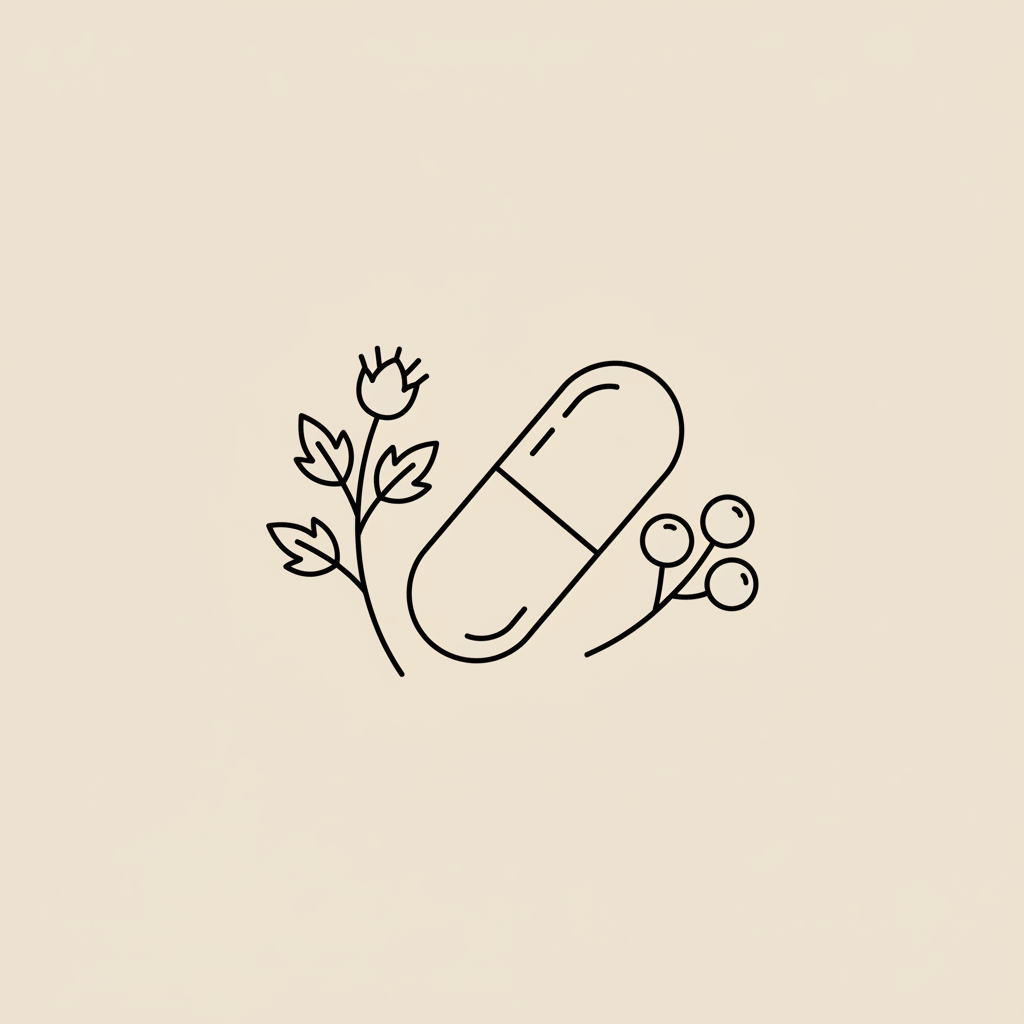 Minimalist Tonum-style line illustration of a capsule with milk thistle sprig and berry cluster on beige background representing a weight loss pill concept