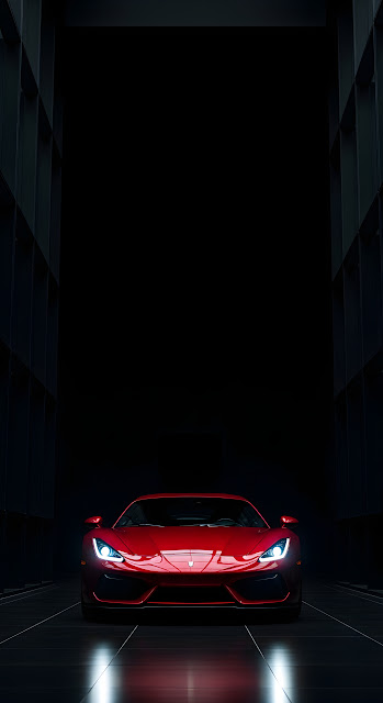 Close-up Dark Red Sports Car in Modern Black Architecture - Free mobile Wallpaper