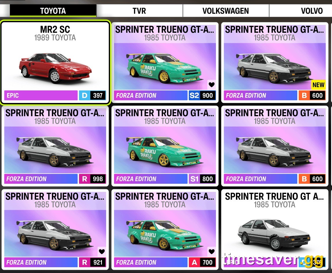 Forza Horizon 6 garage full of wheelspin-exclusive Forza Edition Toyota AE86 Truenos, the rare cars now selling for up to 20 million credits