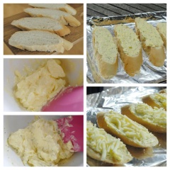 Bánh mì cắt xéo thành lát cỡ 2cm. Bơ đem chưng cách thủy cho tan chảy hoặc cho vào lò vi sóng. Tỏi băm thật nhuyễn, ngò tây băm nhỏ. Cho tỏi băm, ngò tây, muối và tiêu vào trộn đều. Sau đó phết bơ tỏi lên bánh mì, rắc phô mai Mozzarella, phô mai Cheddar lên.