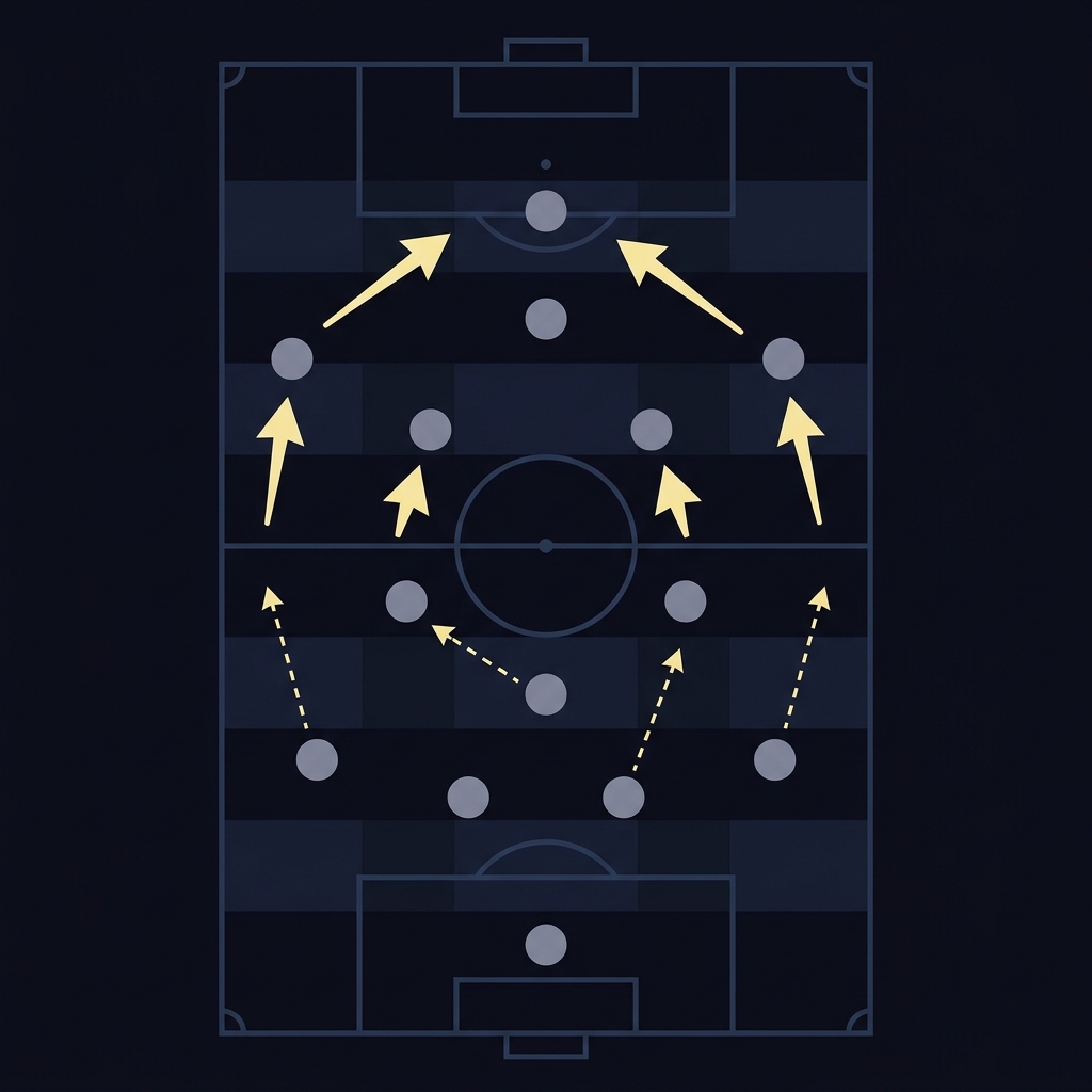 How Garbage Time Distorts Statistics stylized 2D vector soccer pitch diagram showing accent arrows and minimalist position markers visualizing tactical shifts when a team is leading or trailing on a dark brand background