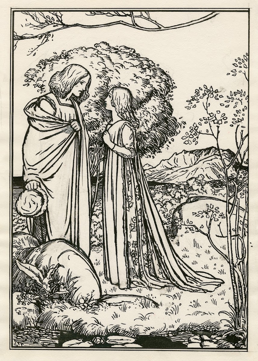 Full page illustration of Ferdinand and Miranda from act 1 scene 2 of the Tempes
