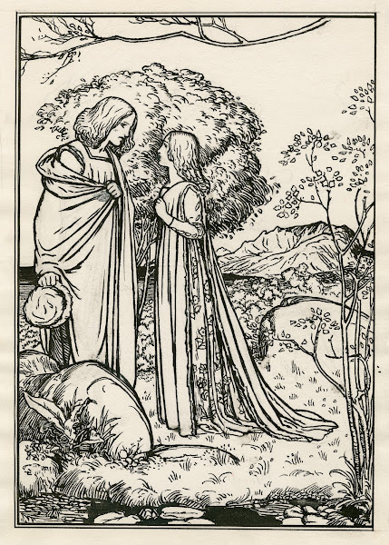 Full page illustration of Ferdinand and Miranda from act 1 scene 2 of the Tempes