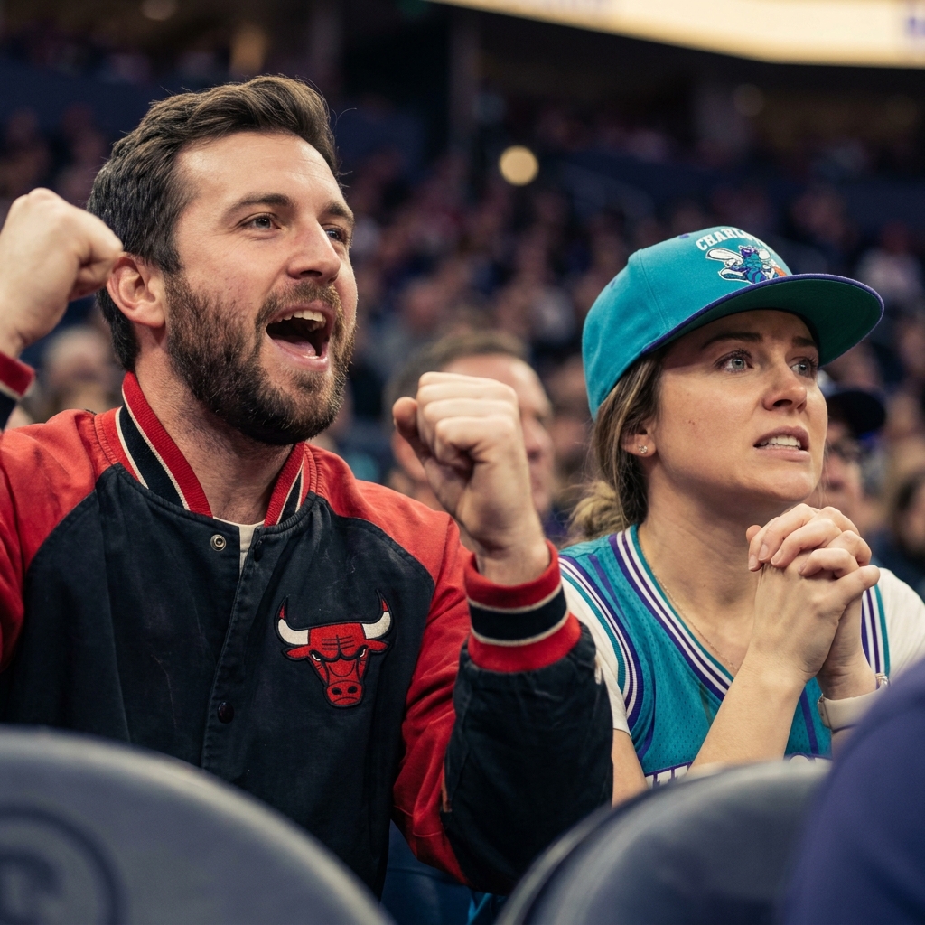 Close up photo of passionate fans wearing vintage Bulls and Hornets apparel mid game showing emotion and cheering bulls hornets prediction