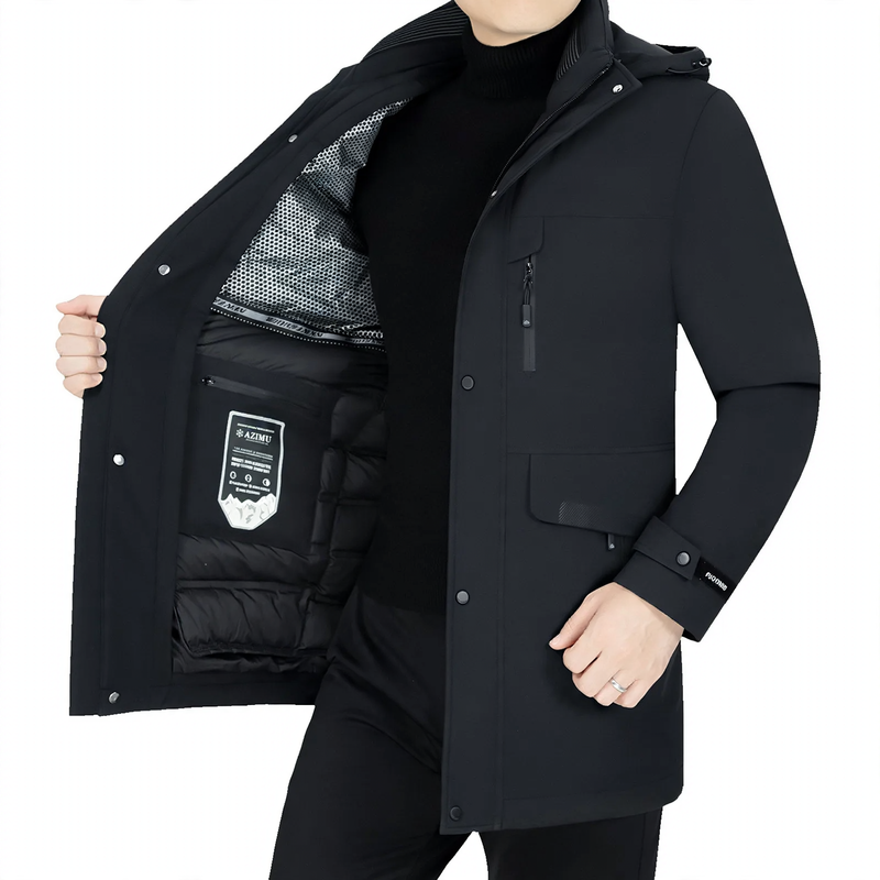 Men's down coat, mid-length, with removable inner lining