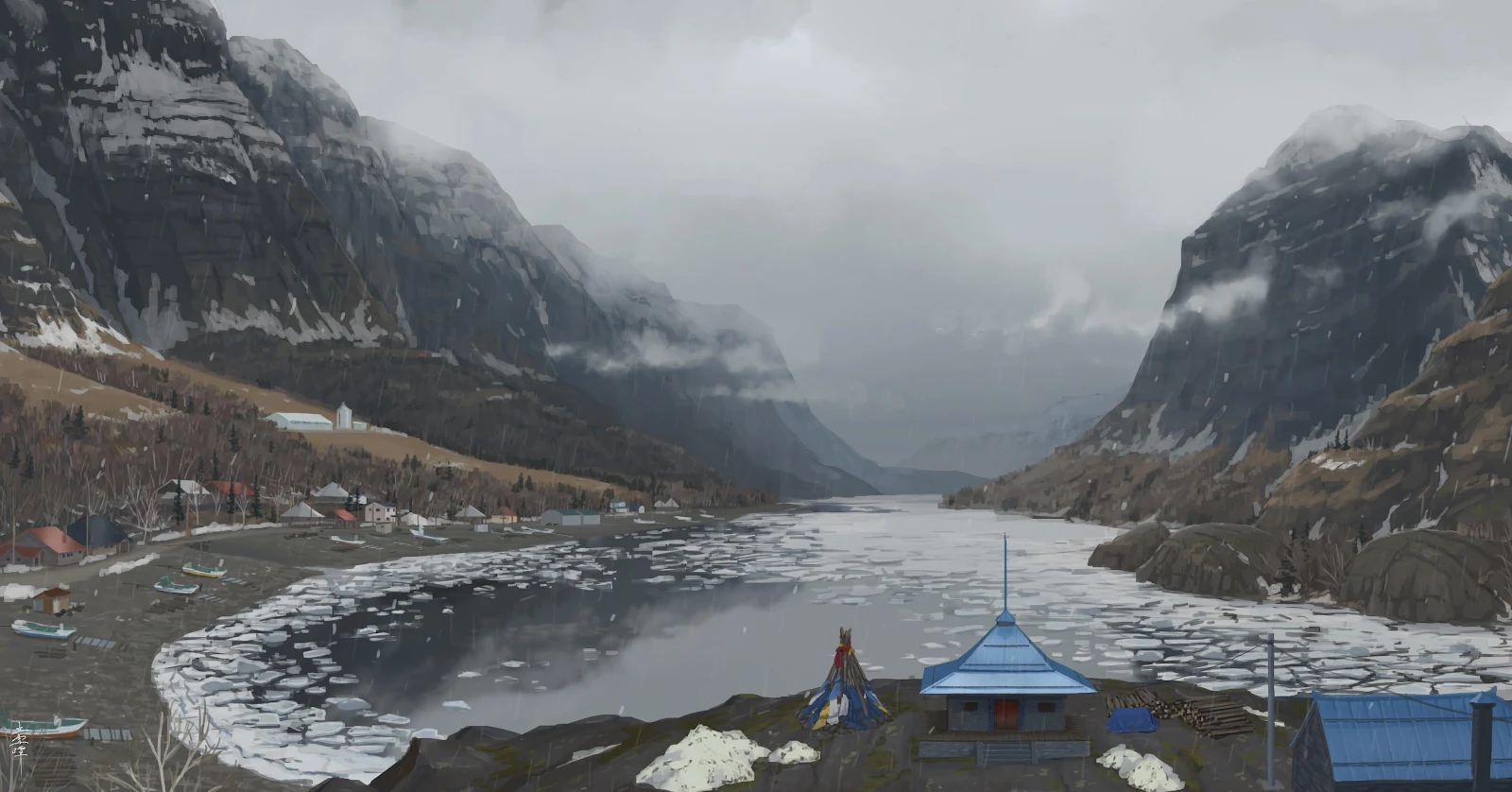 Icy Village In Mountain Fjord - Digital Concept Art 4K Wallpaper (4124x2160)
