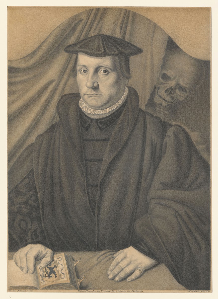 Portrait of a man with a skeleton behind him 1823