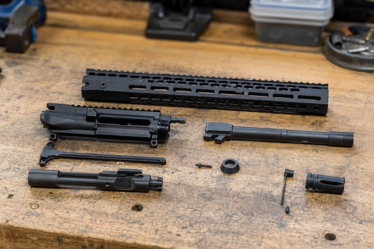AR-15 upper receiver parts shown in labeled exploded view