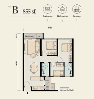 M Aspira Type B floor plan — 906 sq ft, 3 bedrooms