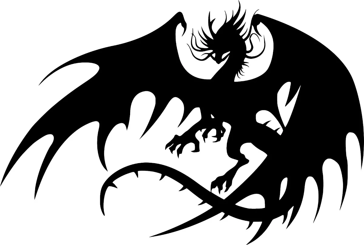 Black silhouette of a mythical dragon in flight, with large spiky wings, sharp claws, and a barbed tail against a white background.