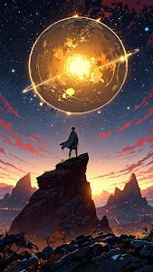 Lone traveler stands on cliff beneath glowing ringed planet