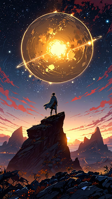 Lone traveler stands on cliff beneath glowing ringed planet - Free mobile Wallpaper