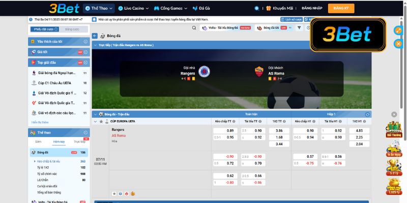 Tỷ lệ kèo Rangers vs AS Roma 03h00 ngày 07/11/2025
