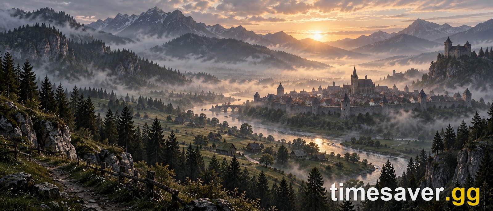 A misty medieval valley in Vale Sangora at first light with a distant walled town