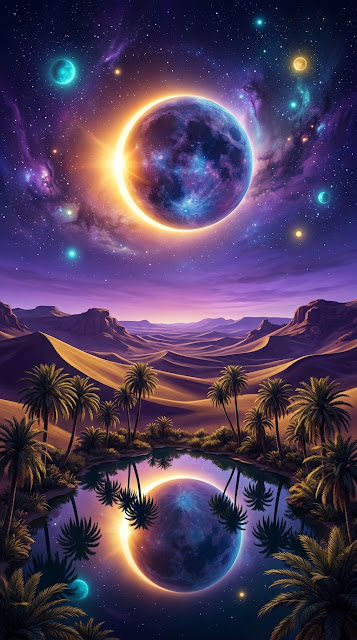 Surreal Celestial Eclipse over Desert Oasis - Free mobile Wallpaper